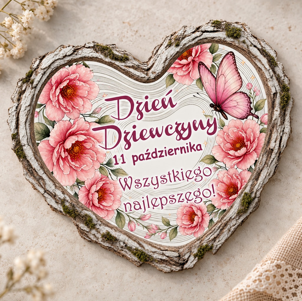 Magnes na Dzień Dziewczyny z różowymi kwiatami, motylem i datą 11 października