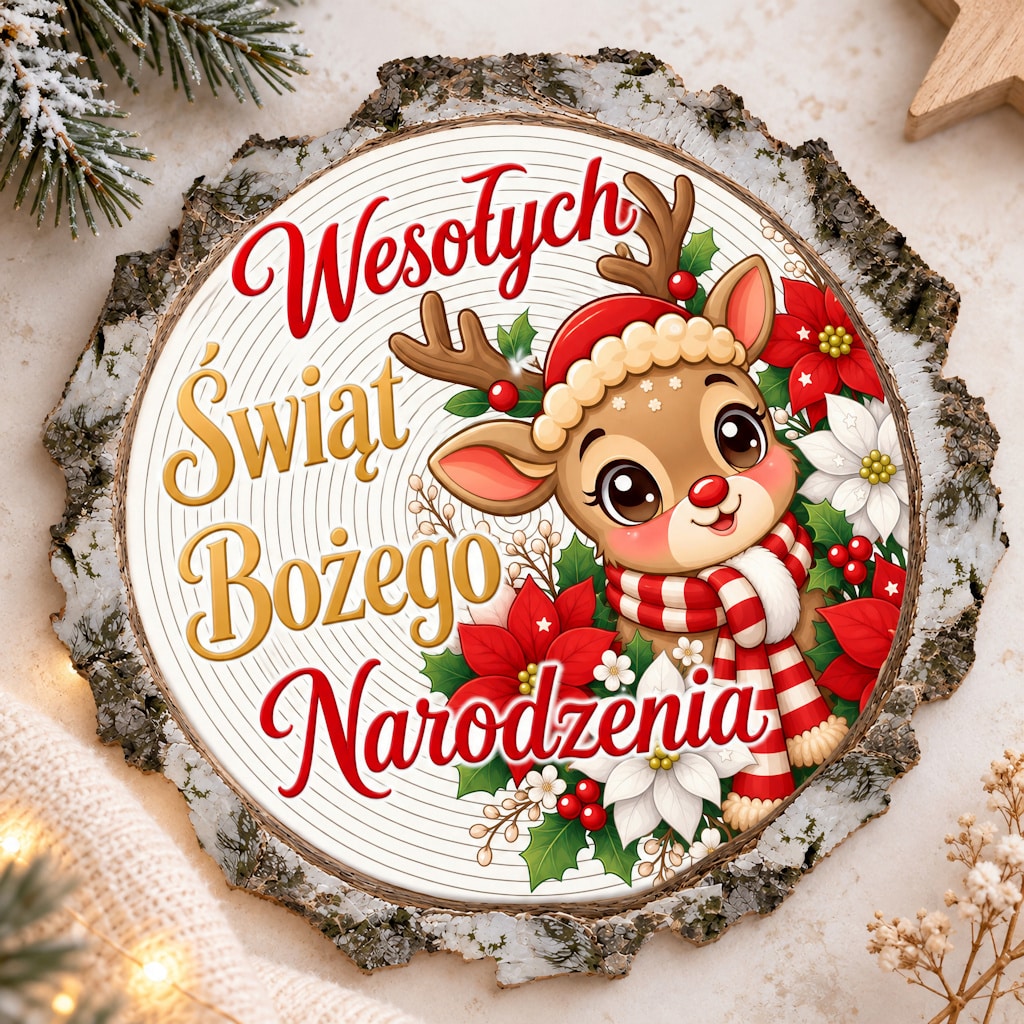 Okrągły magnes z reniferem w czapce i pasiastym szaliku oraz napisem „Wesołych Świąt Bożego Narodzenia”.