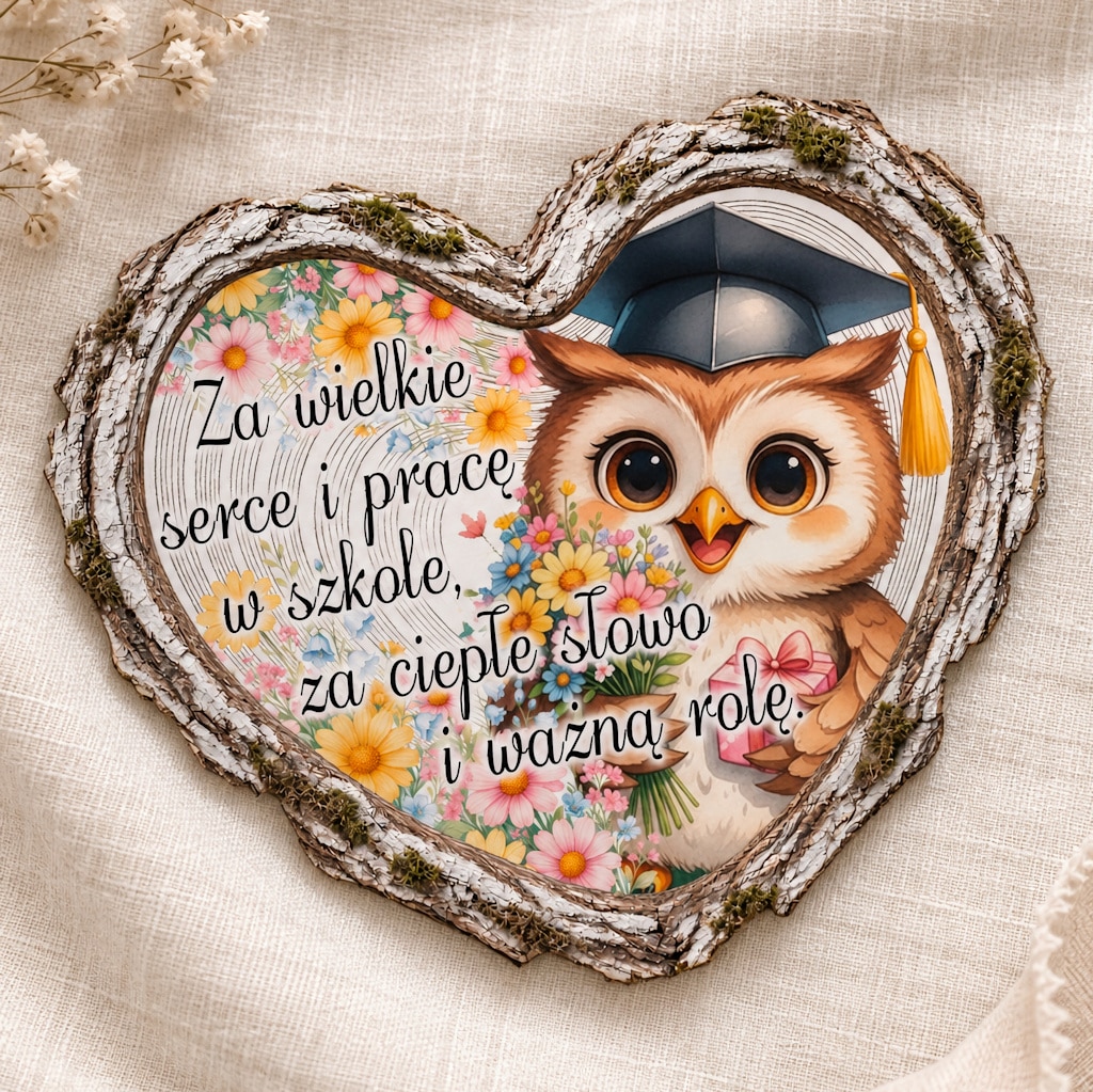 Magnes w kształcie serca z sową w birecie, bukietem i napisem „Za wielkie serce i pracę w szkole”.