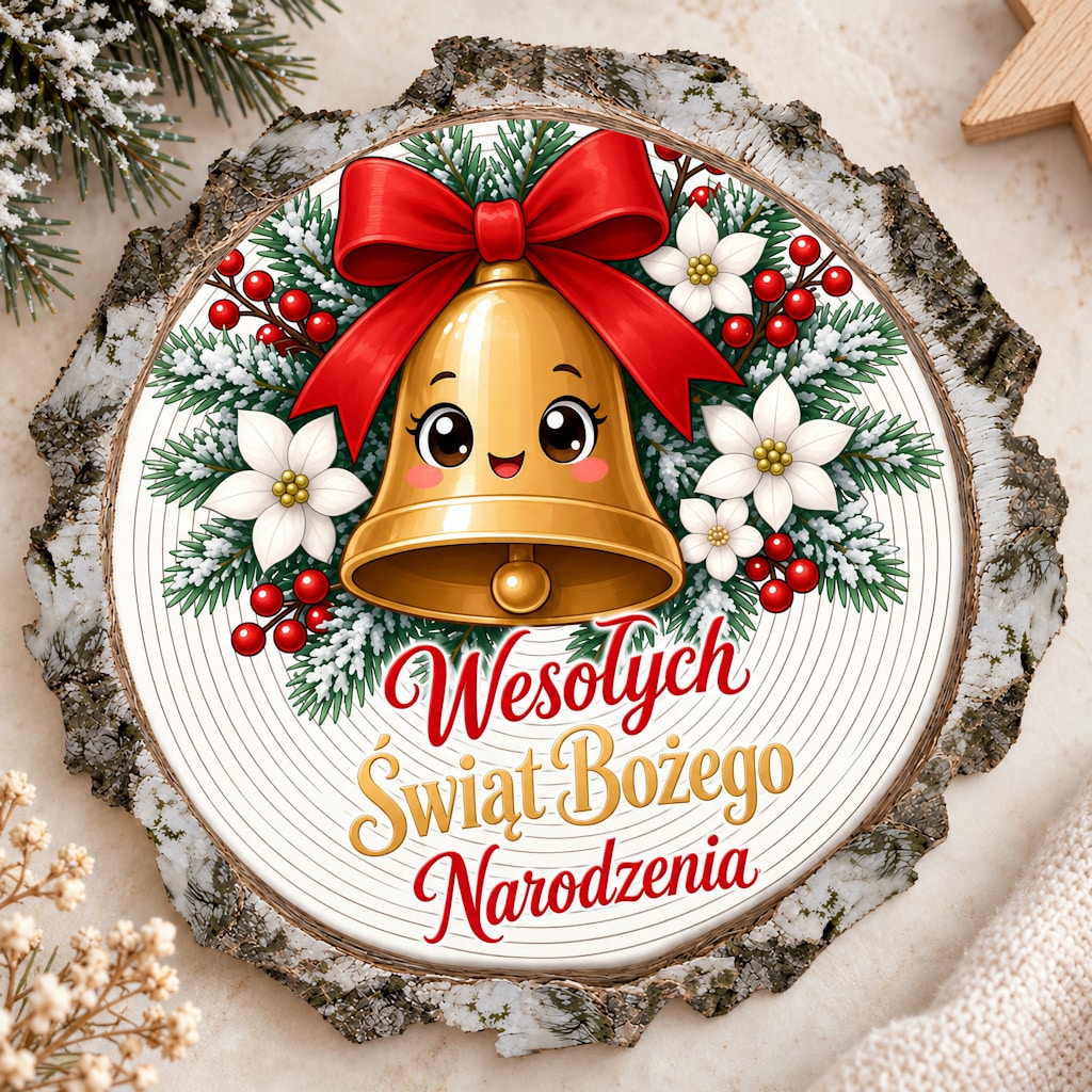 Okrągły magnes z uśmiechniętym dzwonkiem, czerwoną kokardą i napisem „Wesołych Świąt Bożego Narodzenia”.