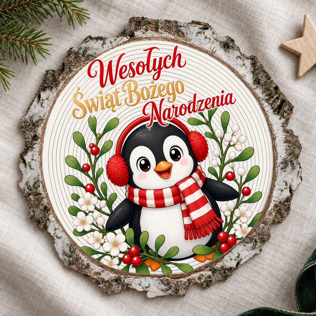 Okrągły magnes z pingwinem w nausznikach i napisem „Wesołych Świąt Bożego Narodzenia”.
