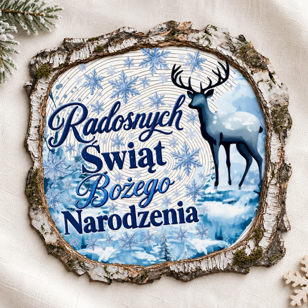 Kwadratowy magnes z jeleniem w zimowym krajobrazie i napisem „Radosnych Świąt Bożego Narodzenia”.