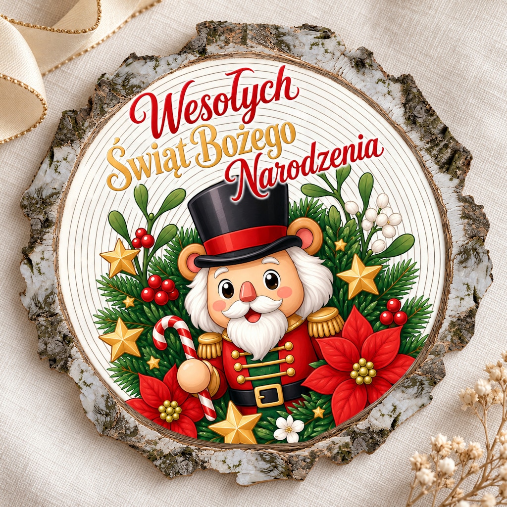 Okrągły magnes z bajkową postacią w cylindrze i napisem „Wesołych Świąt Bożego Narodzenia”.