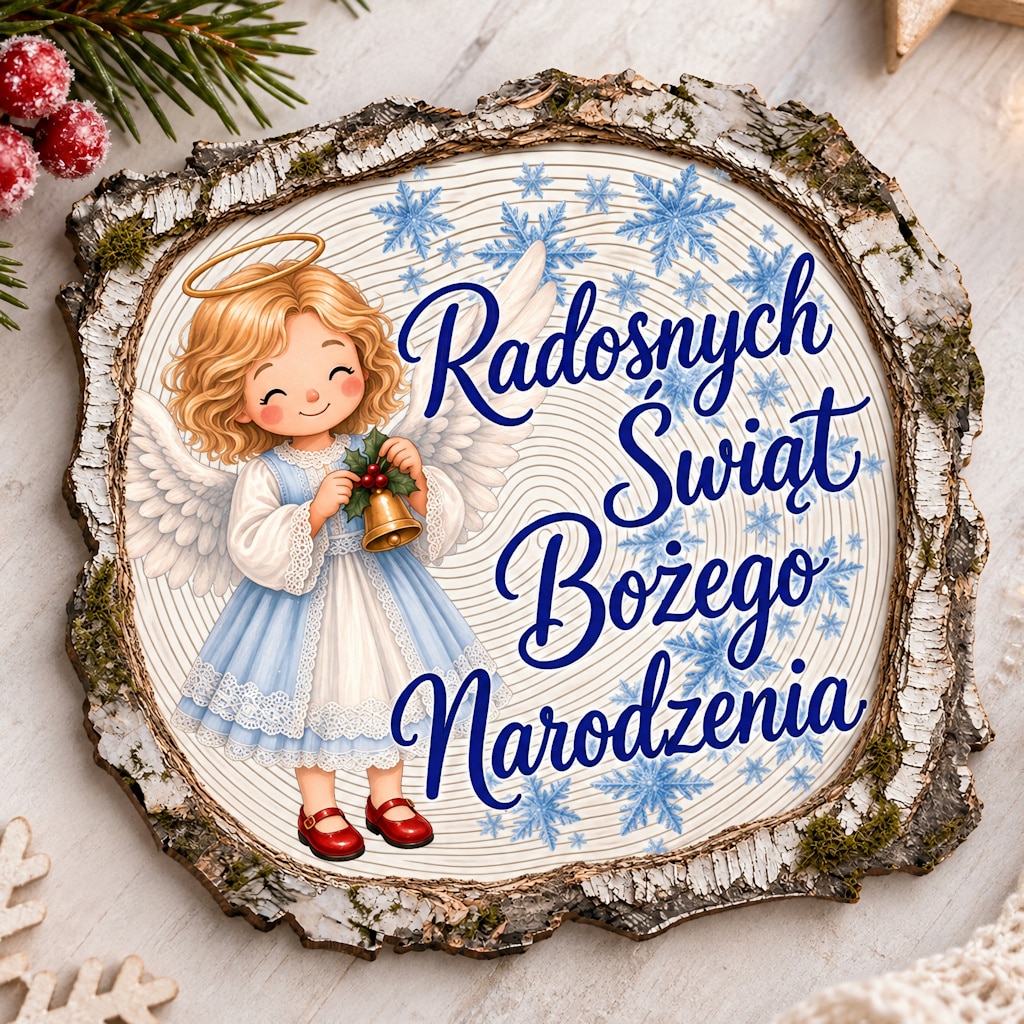 Kwadratowy magnes z aniołem trzymającym dzwonek i napisem „Radosnych Świąt Bożego Narodzenia”.