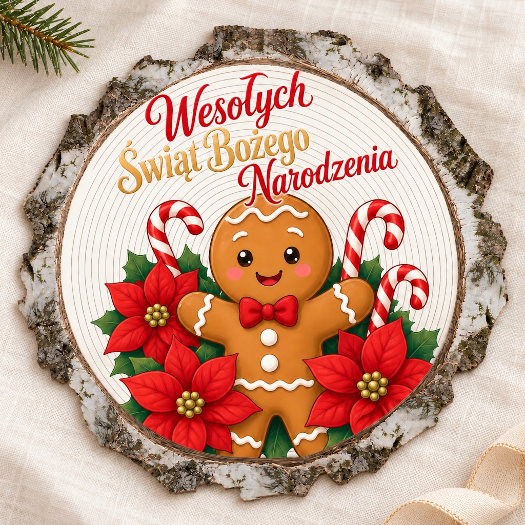 Okrągły magnes z piernikowym ludzikiem i napisem „Wesołych Świąt Bożego Narodzenia”.