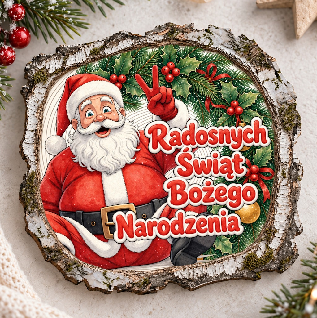 Kwadratowy magnes z Mikołajem wykonującym gest V i napisem „Radosnych Świąt Bożego Narodzenia”.