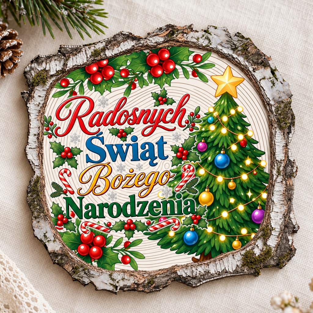 Kwadratowy magnes z kolorowo udekorowaną choinką i napisem „Radosnych Świąt Bożego Narodzenia”.